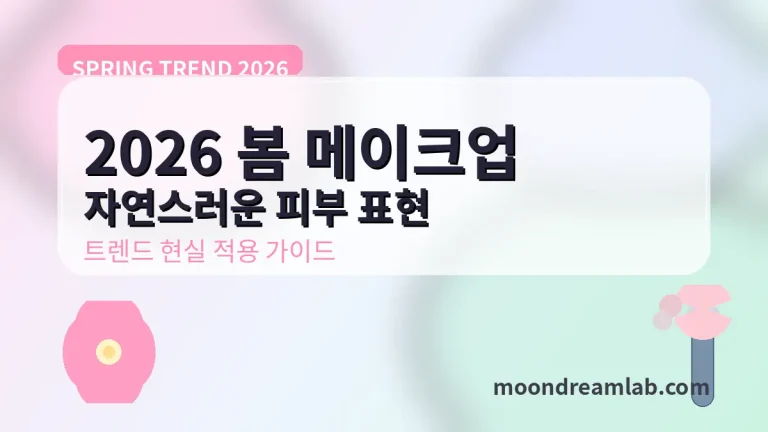 파스텔 핑크-라일락-민트 그라데이션 배경에 ‘2026 봄 메이크업 자연스러운 피부 표현 트렌드 현실 적용 가이드’ 문구가 있고, 꽃 아이콘과 메이크업 브러시 아이콘, moondreamlab.com 텍스트가 들어간 저용량 썸네일 이미지.