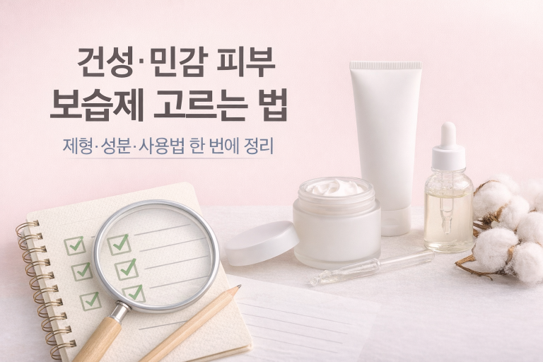 건성·민감 피부 보습제 고르는 법 썸네일, 핑크 배경 위에 크림/튜브/세럼 병과 체크리스트가 보이는 이미지