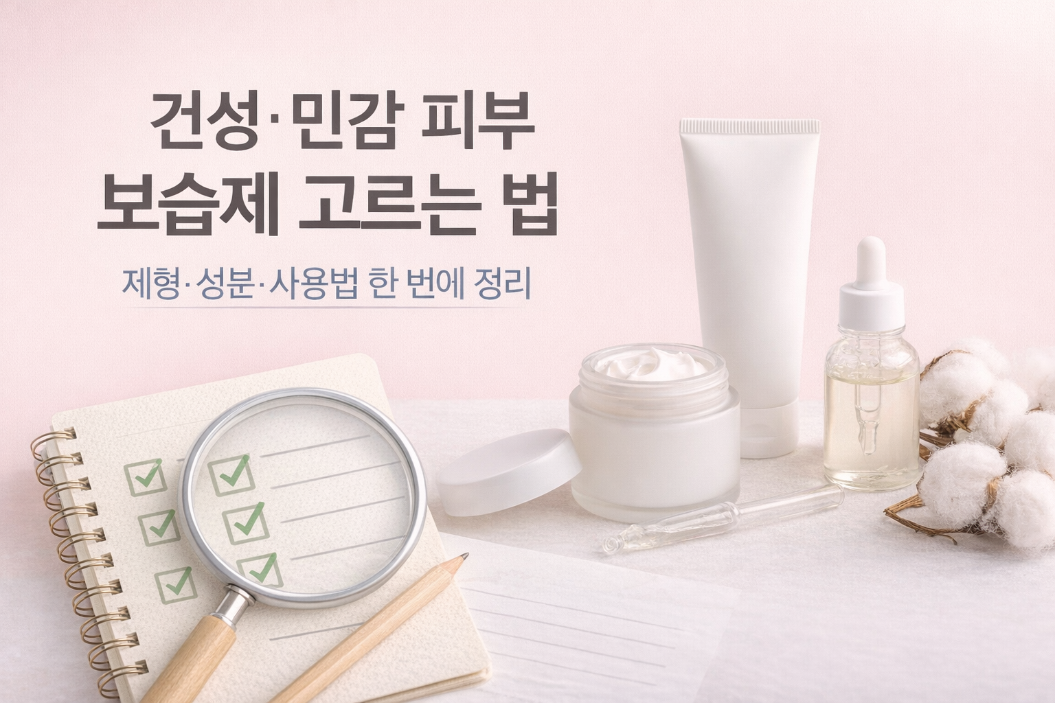 건성·민감 피부 보습제 고르는 법 썸네일, 핑크 배경 위에 크림/튜브/세럼 병과 체크리스트가 보이는 이미지