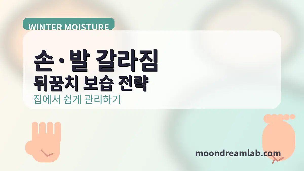 파스텔 베이지-민트 그라데이션 배경에 ‘손·발 갈라짐 뒤꿈치 보습 전략’ 문구가 있고, 손과 발(뒤꿈치) 아이콘 및 moondreamlab.com 텍스트가 들어간 저용량 썸네일 이미지.